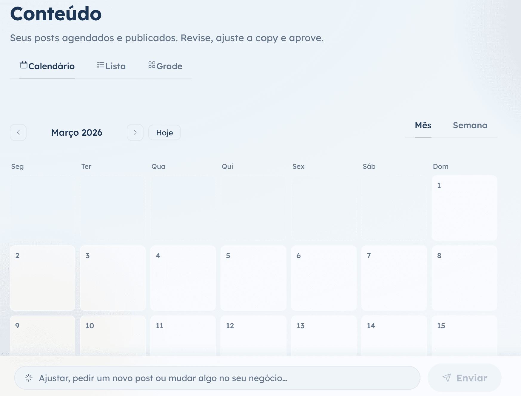 Calendário de conteúdo da plataforma