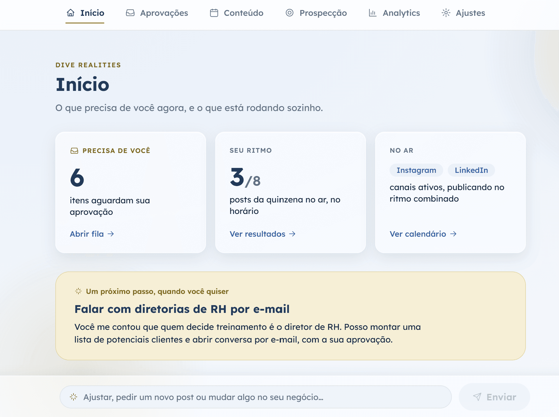 Tela inicial da plataforma, com o que precisa da sua aprovação